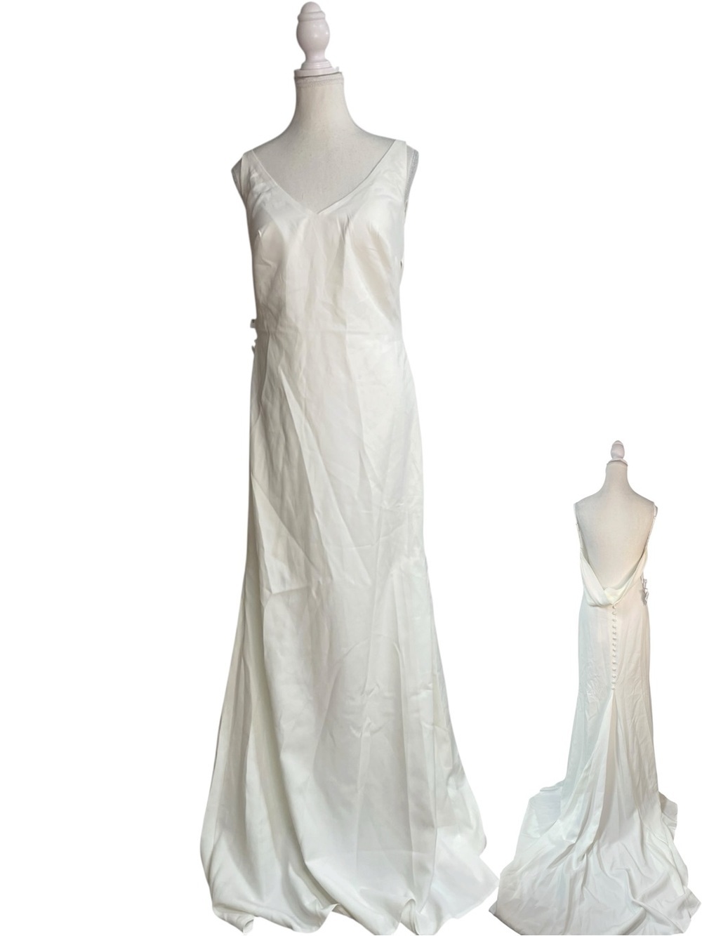 Miss Veil Satin V-Neck Gown Dress with Long Train White